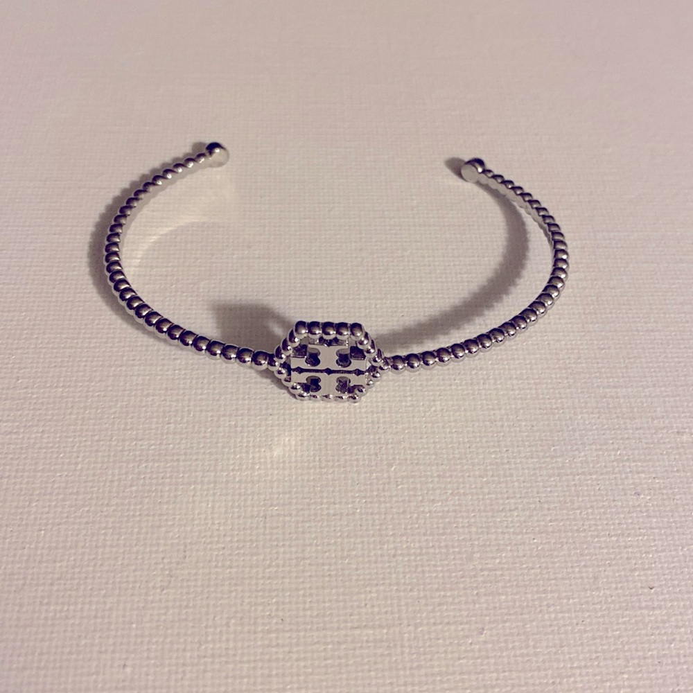 Tory Burch Silver Beaded Logo Cuff Bracelet